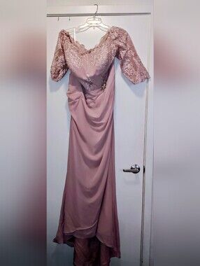 JJs House Dusty Rose Lace-Detail Evening Gown